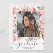 Invitation Peach rose floral vert script graduation photo (Devant)