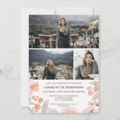 Invitation Peach rose floral vert script graduation photo (Dos)