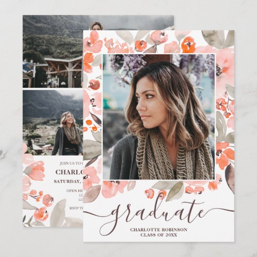 Invitation Peach rose floral vert script graduation photo (Devant / Derrière)