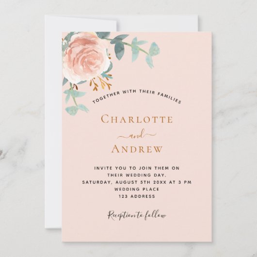 Invitation Peach rose or verdure QR RSVP détails mariage (Devant)