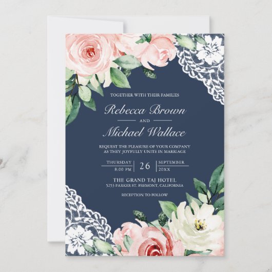 Invitation Peach Russe dentelle florale marine bleu QR Code M (Devant)