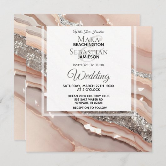 Invitation *~* Peach Saumon SILVER AGATE RSVP QR AR66 Mariage (Devant / Derrière)