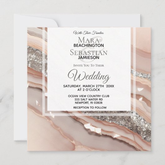 Invitation *~* Peach Saumon SILVER AGATE RSVP QR AR66 Mariage (Devant)