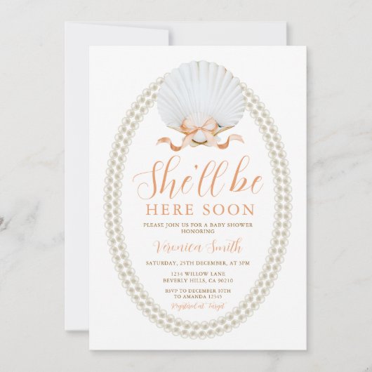 Invitation  Peach She'll Be Here Soon Sea Shell Baby Shower (Devant)