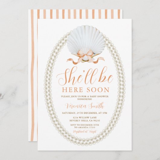 Invitation  Peach She'll Be Here Soon Sea Shell Baby Shower (Devant / Derrière)