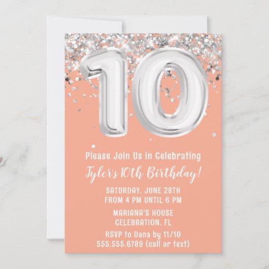 Invitation Peach Silver 10th Birthday Party (Devant)