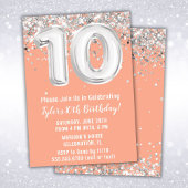 Invitation Peach Silver 10th Birthday Party
