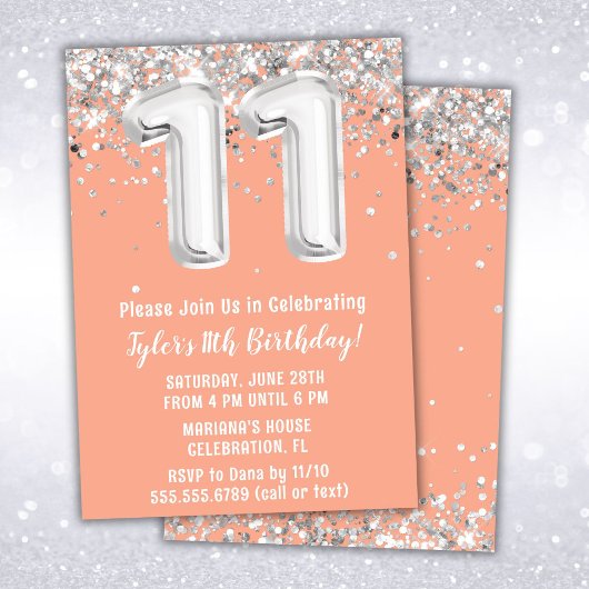 Invitation Peach Silver 11th Birthday Party