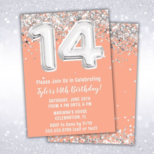 Invitation Peach Silver 14th Birthday Party