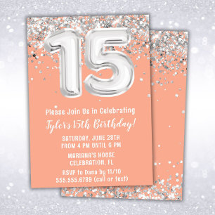 Invitation Peach Silver 15th Birthday Party