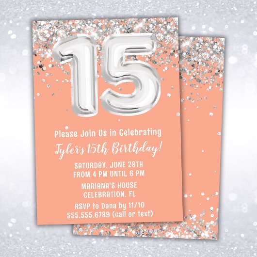 Invitation Peach Silver 15th Birthday Party