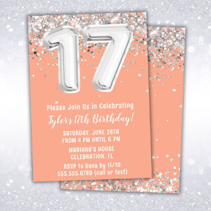 Invitation Peach Silver 17th Birthday Party