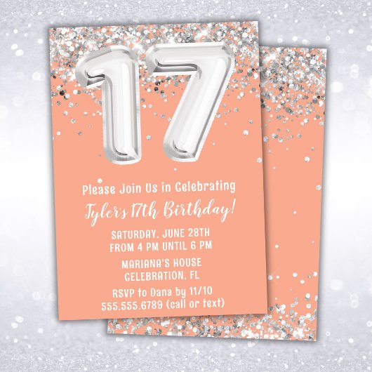 Invitation Peach Silver 17th Birthday Party