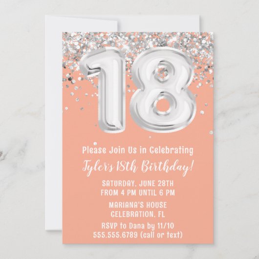 Invitation Peach Silver 18th Birthday Party (Devant)