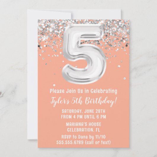 Invitation Peach Silver 5e fête d'anniversaire (Devant)