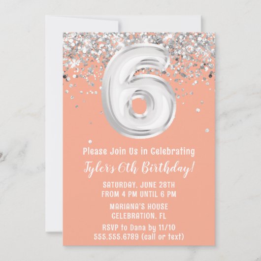 Invitation Peach Silver 6e fête d'anniversaire (Devant)
