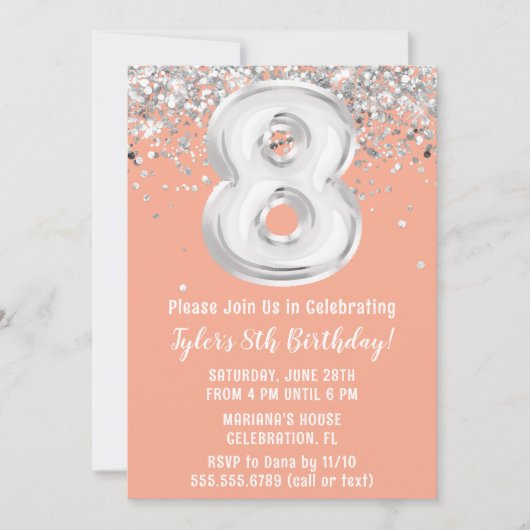 Invitation Peach Silver 8e fête d'anniversaire (Devant)