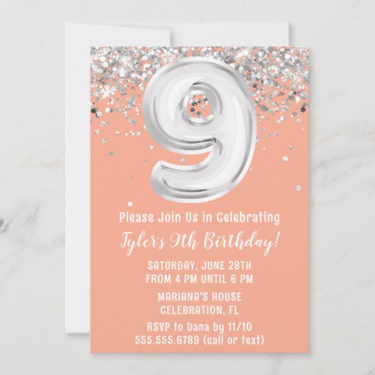Invitation Peach Silver 9e fête d'anniversaire (Devant)