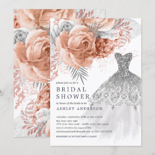 Invitation Peach & Silver Floral Mariage Fête des mariées rob