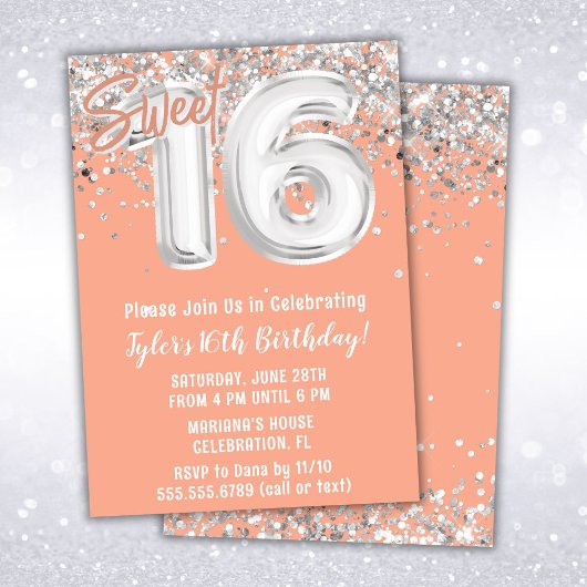 Invitation Peach Silver Sweet 16th Birthday Party