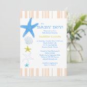 Invitation Peach Stripes Blue Beach Baby Baby shower (Debout devant)