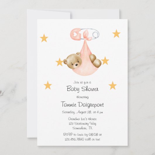 Invitation Peach Teddy Ours Pink Baby shower fille couche (Devant)