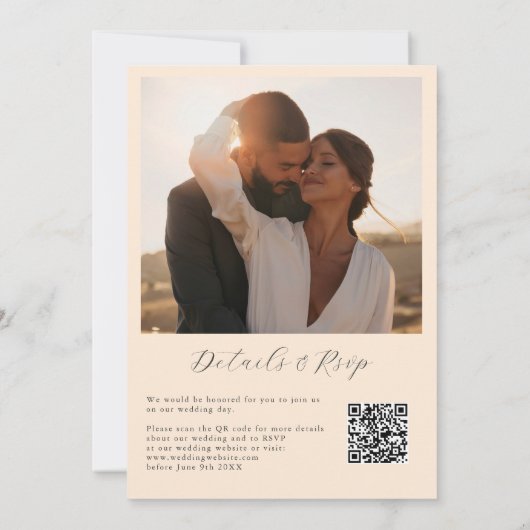 Invitation Peach Tropical Flowers Photo QR Code Mariage (Dos)