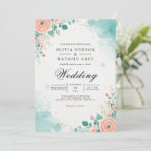 Invitation Peach Turquoise Floral Mariage (Debout devant)