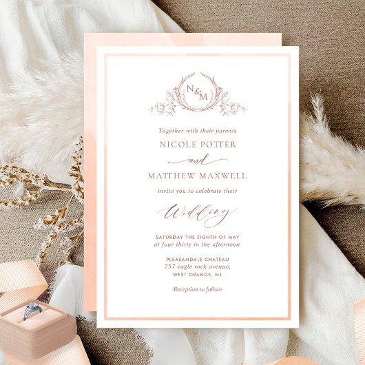 Invitation Peach Watercolor Elegant Monogram Wedding