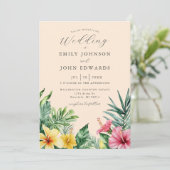 Invitation Peach Watercolor Fleurs tropicales Code QR Mariage (Debout devant)
