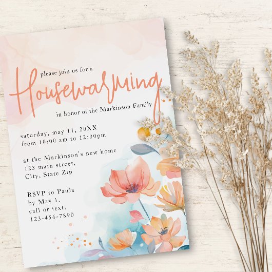Invitation Peach Watercolor Floral Houseécher Party