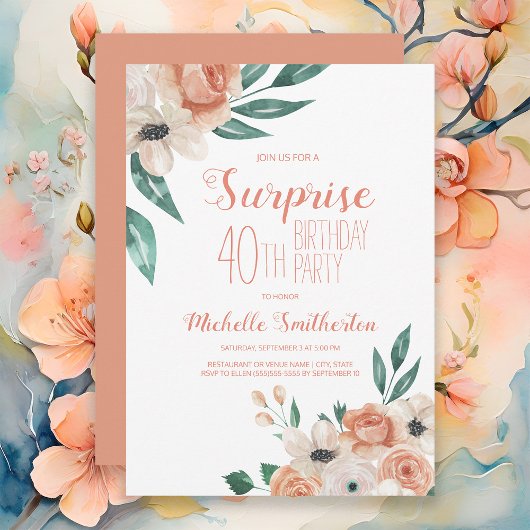 Invitation Peach Watercolor Floral Surprise 40e anniversaire