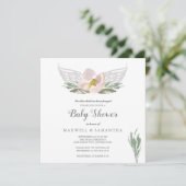 Invitation Peach Watercolor Florals Angel Wings Baby shower (Debout devant)