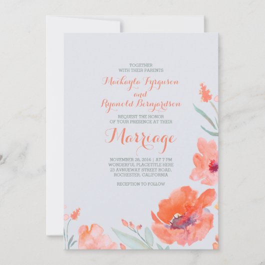Invitation Peach Watercolor Florals Mariages d'été (Devant)