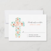 Invitation Peach Watercolor Flowers Cross First Communion (Devant)