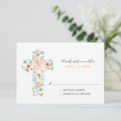 Invitation Peach Watercolor Flowers Cross First Communion (Debout devant)