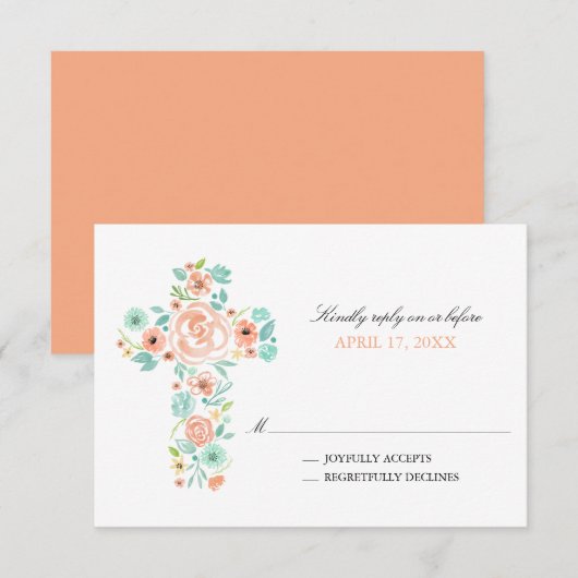 Invitation Peach Watercolor Flowers Cross First Communion (Devant / Derrière)