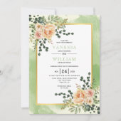 Invitation Peach watercolor flowers sage floral wedding (Devant)