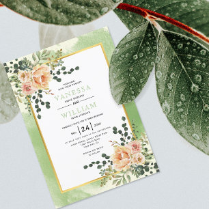 Invitation Peach watercolor flowers sage floral wedding