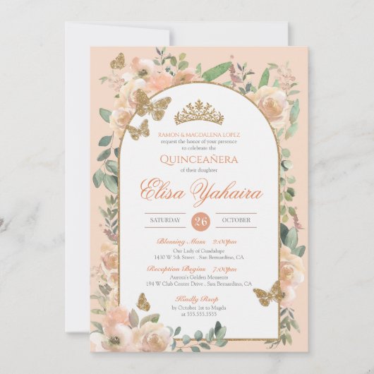 Invitation Peach Watercolor Golden Butterfly Quinceanera (Devant)
