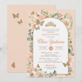 Invitation Peach Watercolor Golden Butterfly Quinceanera (Devant / Derrière)
