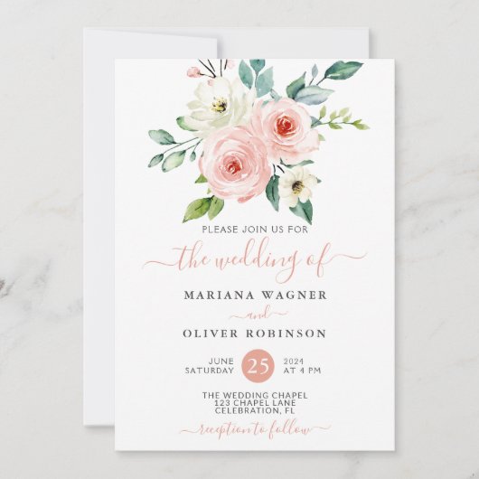 Invitation Peach White Aquarelle Florale Mariage (Devant)