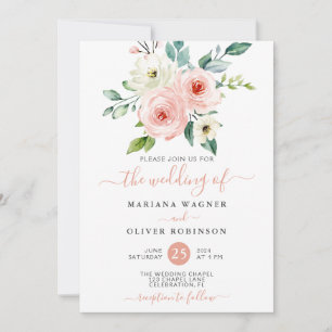 Invitation Peach White Aquarelle Florale Mariage