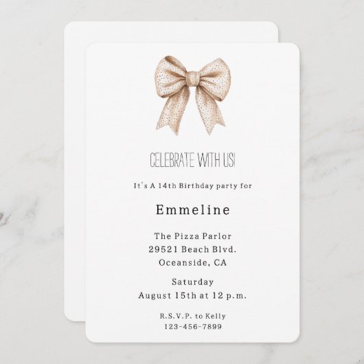 Invitation Peach White Bow Anniversaire (Devant / Derrière)