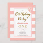 Invitation Peach White Gold Parties scintillant 1ère fête d'a (Devant / Derrière)