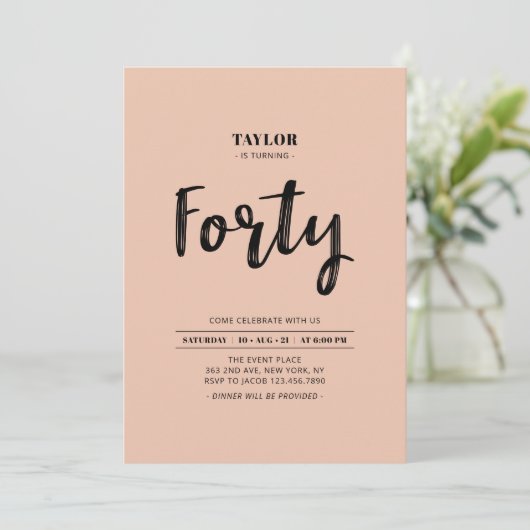 Invitation Peach & White Simple Quarante fête d'anniversaire (Debout devant)