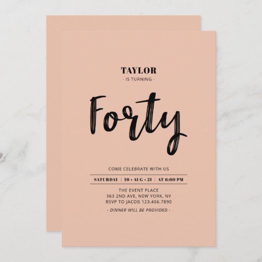 Invitation Peach & White Simple Quarante fête d'anniversaire  (Devant / Derrière)