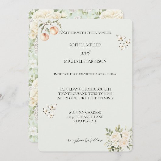 Invitation Peaches Papillon blanc Floral Mariage romantique (Devant / Derrière)