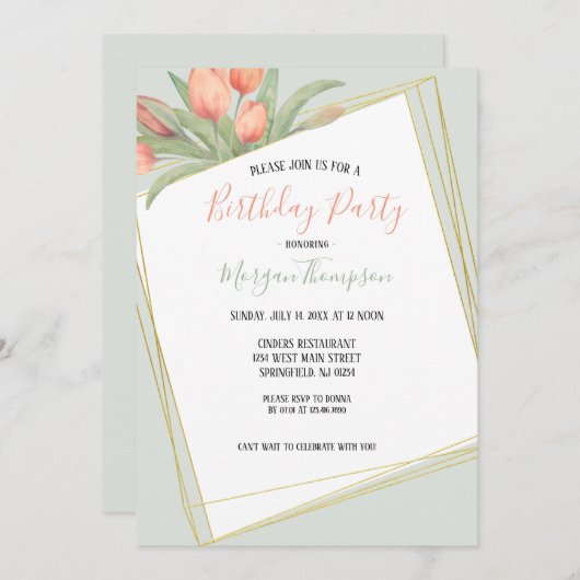 Invitation Peacht rose & Mint Spring Tulips fête d'anniversai (Devant / Derrière)