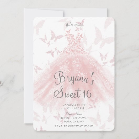 Invitation Peachy rose papillon Danser Robe Douce 16 Partie (Devant)